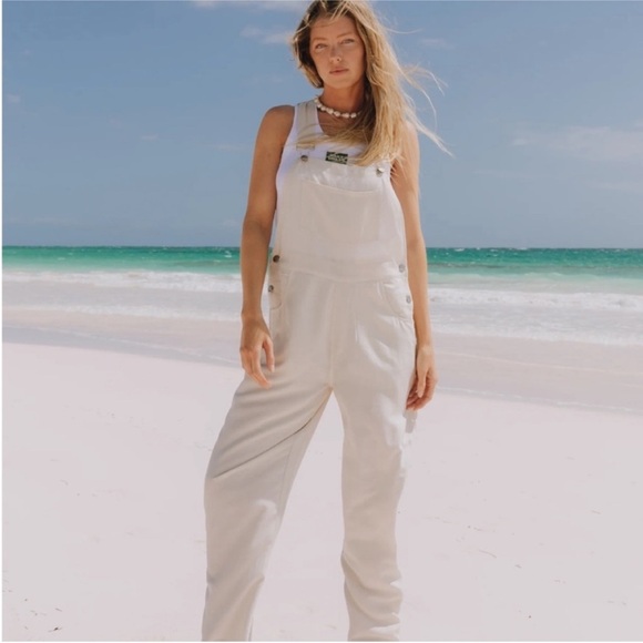 DAILY DRILLS Linen Blend Overalls in Cream Sz M/L Beachy Relaxed Fit Slouchy - Picture 1 of 14